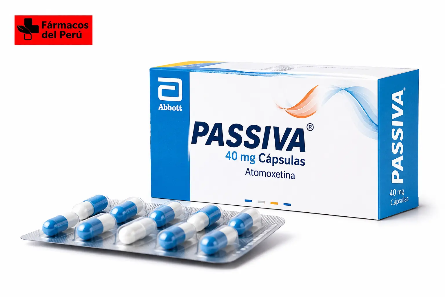 Passiva 40 mg cápsulas (Atomoxetina) en Perú | Caja original con logo de Fármacos del Perú