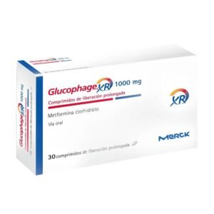 Glucophage XR 1000 mg (Metformina de liberación prolongada) medicamento original para diabetes tipo 2 disponible en Perú.