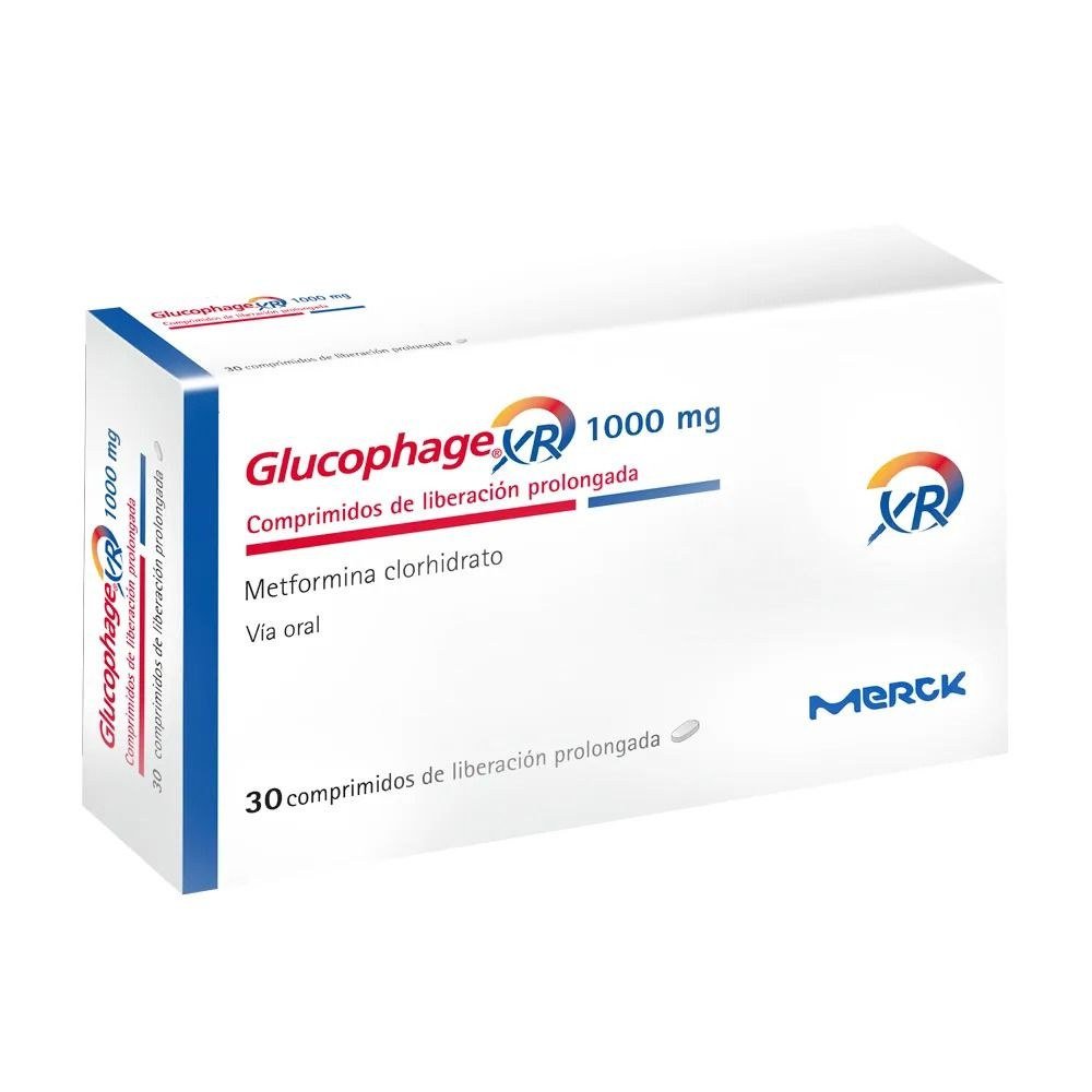 Glucophage XR 1000 mg (Metformina de liberación prolongada) medicamento original para diabetes tipo 2 disponible en Perú.
