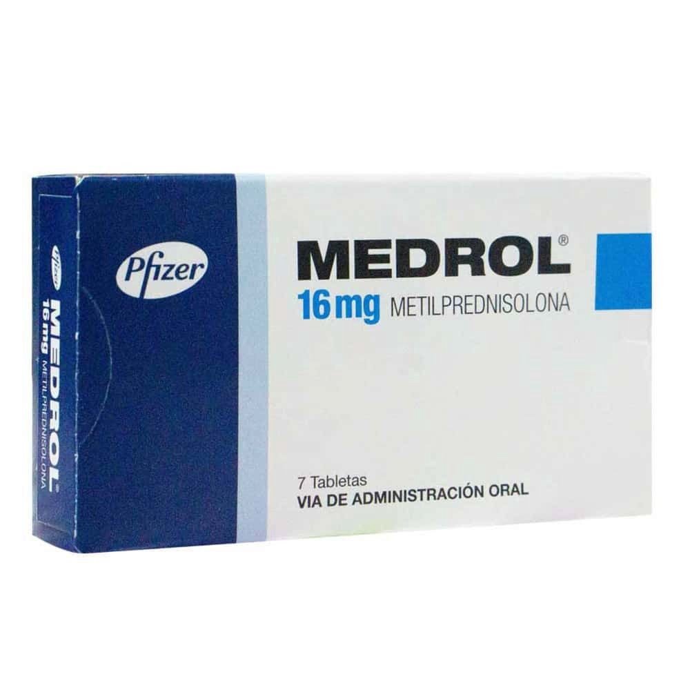 Medrol 16 mg (Metilprednisolona) medicamento original corticosteroide para enfermedades inflamatorias y autoinmunes disponible en Perú.
