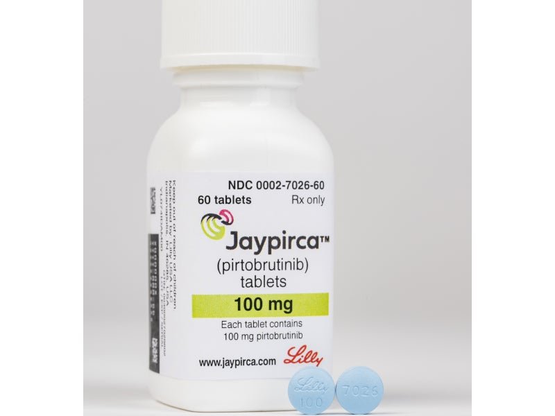 Frasco de Jaypirca (Pirtobrutinib) medicamento para leucemia de células del manto y otros linfomas B disponible en Perú.
