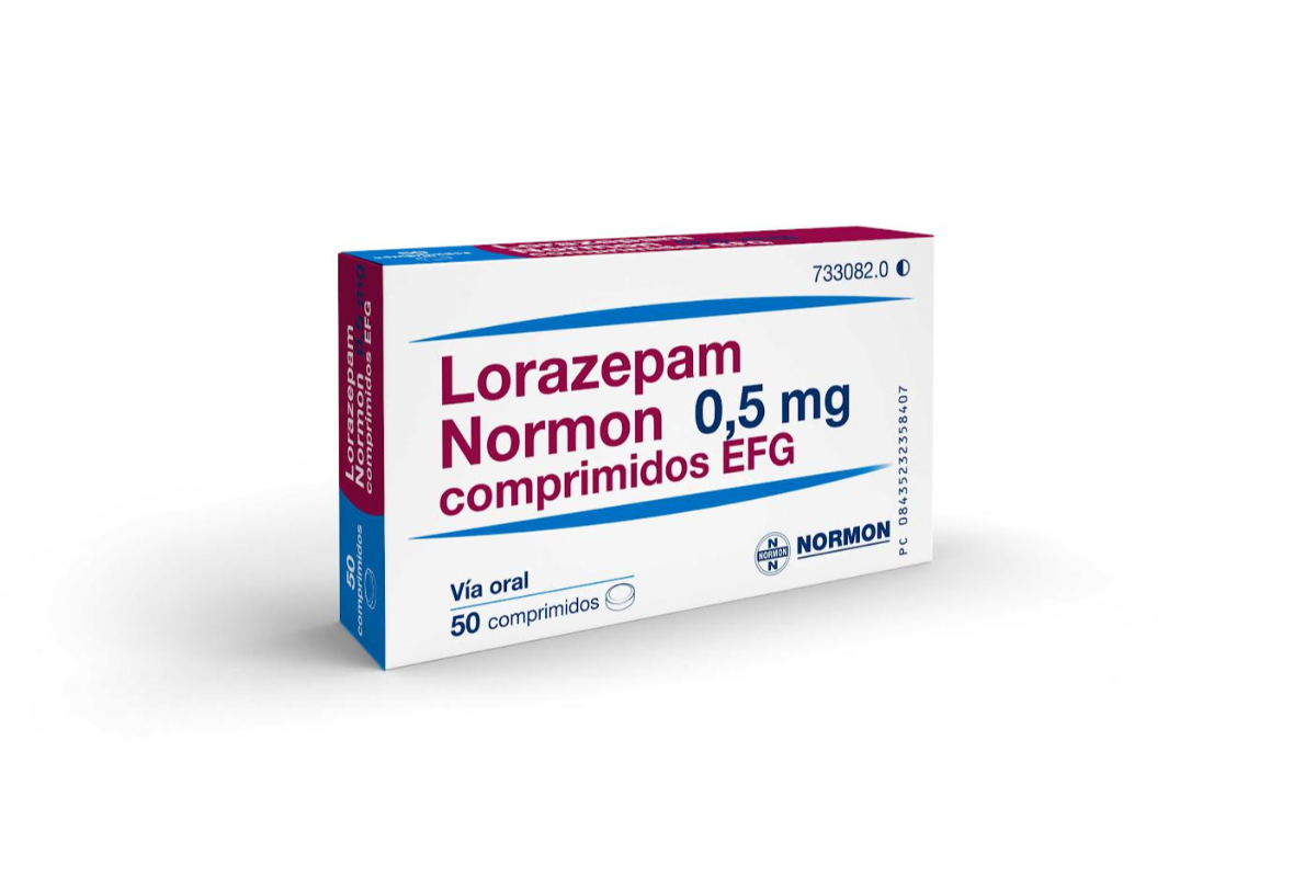 Caja de Lorazepam Normon 0,5 mg comprimidos EFG para el tratamiento de la ansiedad.